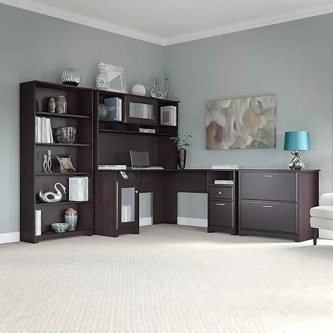 Bush Home Cabot L Shaped Desk with Hutch Corner Desk with Storage for Home Office in Espresso Oak 60W L Shaped Computer Desk