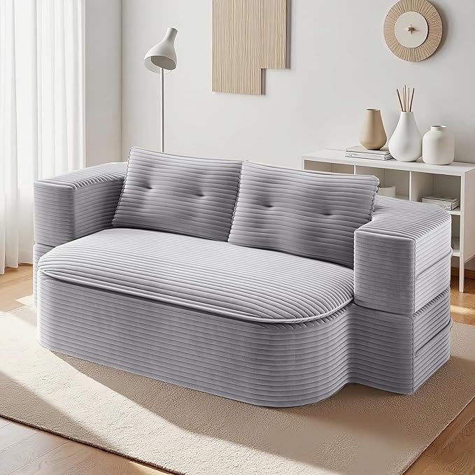 78.7 Convertible Foldable Floor CouchComfy Portable Fold Out Lounge with Functional Blanket and 2 Soft PillowsCorduroy Loveseat CouchSleep Sofa Bed for Living RoomBedroom(Light Grey)