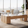 Tribesigns 85.8-Inch L-Shaped Executive Desk with File Drawers Door Cabinet &amp Shelves Extra Large Commercial Office Desk Modern Professional Office Table White &amp Brown Business Furniture
