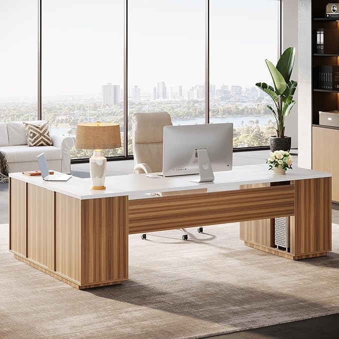 Tribesigns 85.8-Inch L-Shaped Executive Desk with File Drawers Door Cabinet &amp Shelves Extra Large Commercial Office Desk Modern Professional Office Table White &amp Brown Business Furniture