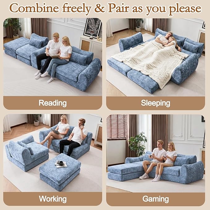 105” Modular Sectional Sofa Convertible Sofa BedTransforms into Single or Double Sofa Chenille Fabric Cloud SofaModern Soft Boneless Comfort No Assembly Required Blue