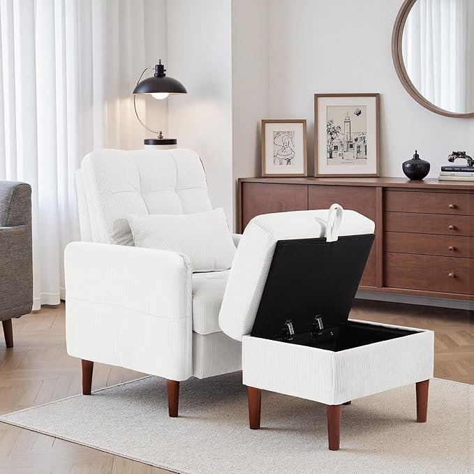 Accent Chairs with Storage Ottoman Corduroy Fabric Armchair with Adjustable Backrest and Side Pockets Mid Century Modern Reading Sofa Chair for Living Room Bedroom (White Set of 2)