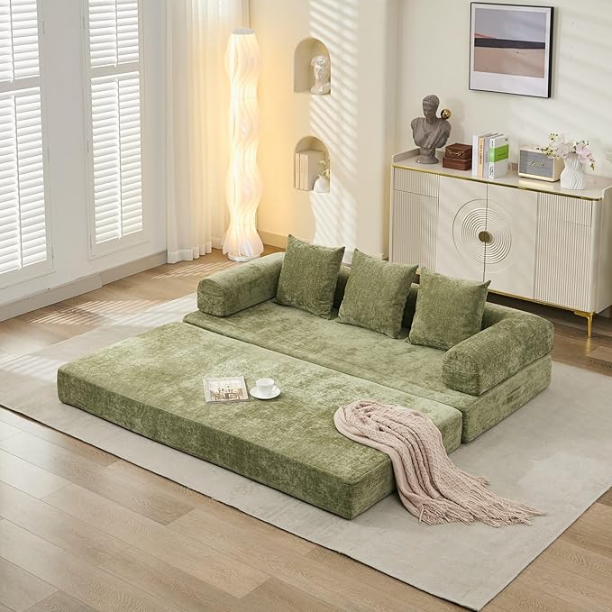 Convertible Folding Sofa Bed Modular Floor Couch 78.8‘’ Cloud Sleeper Sofa with Removable Backrest Chenille Foldable Mattress Couch Lazy Loveseat for Small Space Apartment Bedroom Green