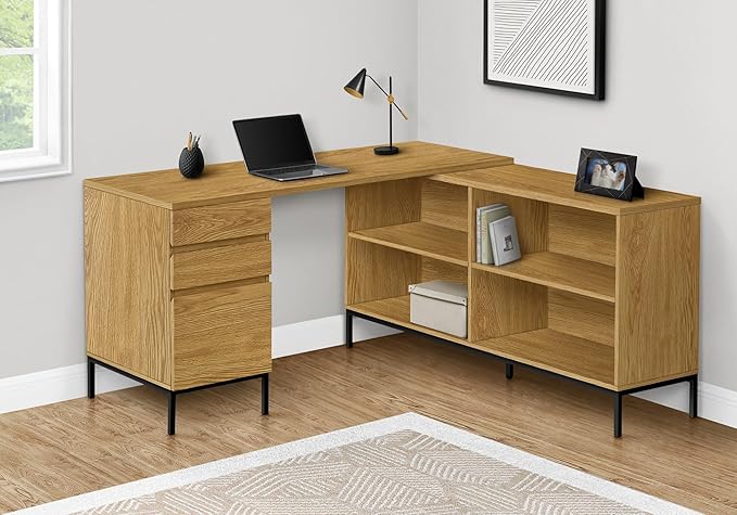 Monarch Specialties 7491 Computer Desk Home Office Corner Storage Drawers 60 Shape Work Laptop Metal Laminate Brown Black Contemporary Modern Desk-60 L Light Oak 60 L x 60 W x 31 H