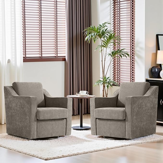 Swivel Accent Chairs Set of 2 Mid Century Round Barrel Arm Chair for Living Room Comfy Chenille Club Single Sofa Chair for Bedroom-Sand