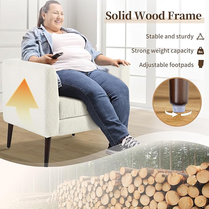 cinkehome Accent Chair Set of 2 for Living Room Modern Upholstered Teddy Barrel Arm Chair Large Pillow Solid Wood Legs