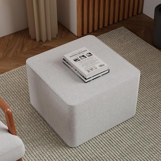23.6'' Square Ottoman Chenille Foot Rest for Couch Sponge Filled Accent Ottomans for Living Room Office Bedroom - White