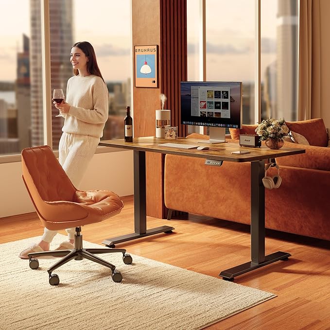 FEZIBO Standing Desk 55×28 Inches Electric Height Adjustable Sit Stand Up Computer Office Desk with Splice Board Black Frame/Rustic Brown TOP