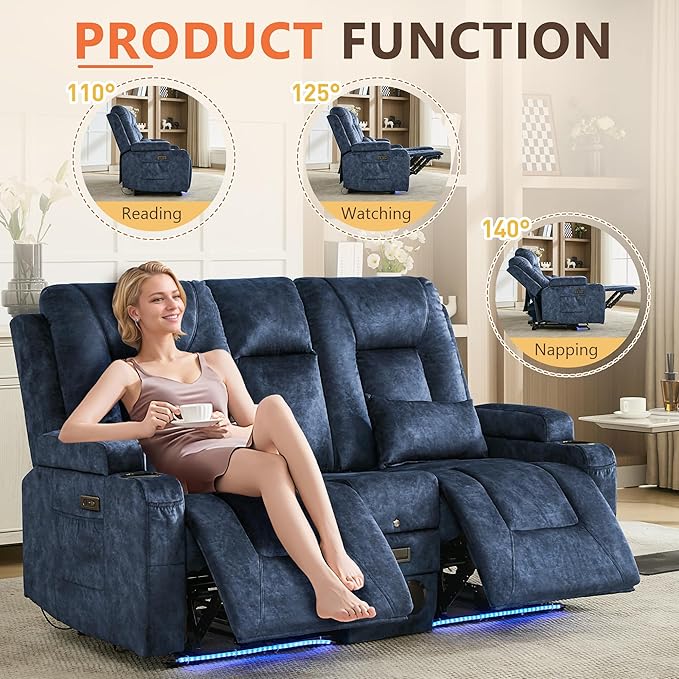 Houjud Power Reclining Loveseat Recliner Sofa with Console Wall-Hugger RV Couch with USB Ports Cup Holders Bluetooth Speakers &amp Ambient Lighting for Home Theater or Camper Velvet Blue