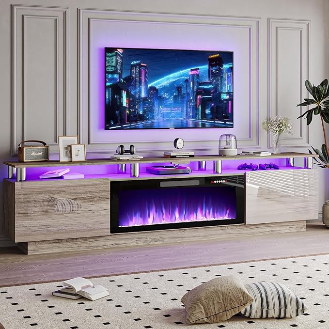 80 Modern Fireplace TV Stand with 36 Electric Fireplace for TVs Up to 90 inch Luxury LED Light Entertainment Center with High Gloss Cabinet TV Consoles for Living Room Grey