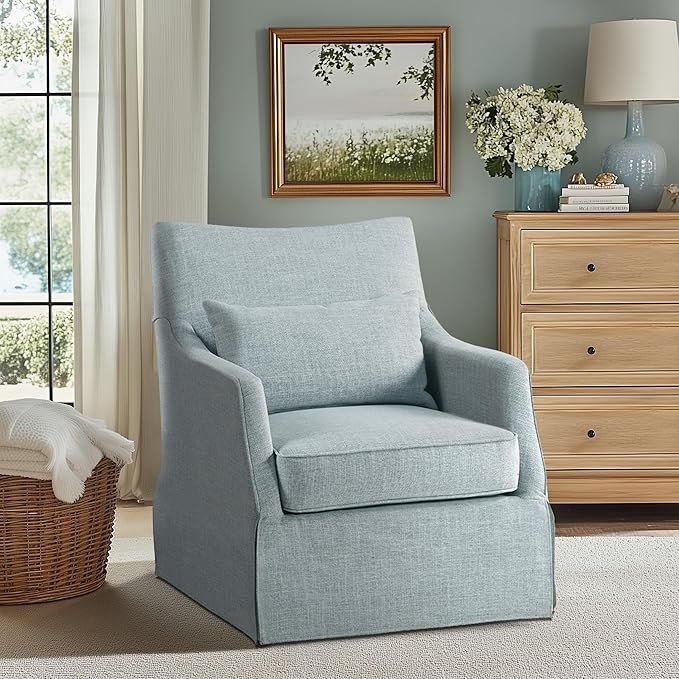 Martha Stewart London Swivel Chair - Solid Wood &amp Plywood Skirted Metal Base Accent Armchair Lumbar Pillow -Modern Classic Family Room Sofa Furniture Bedroom Lounge 28X31.5X35.25 Light Blue