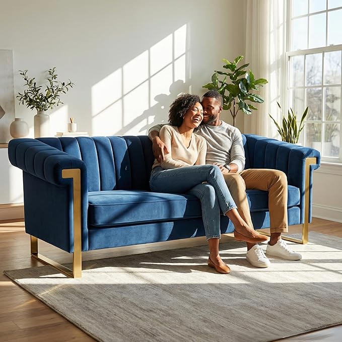Luxury Velvet 3-Seater Sofa Mid-Century Modern Couch with Gold Metal Legs Waterfall Stitched Back Removable Cushions for Living Room Durable &amp Comfortable (Blue)