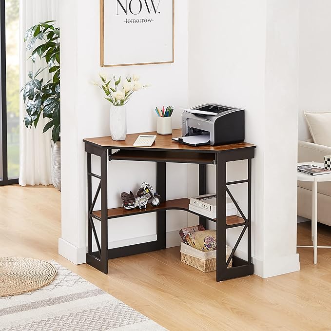 VECELO Corner Desk Computer Desk Writing Table with Smooth Keyboard Tray&ampStorage Shelves for Small Spaces/Compact Home Office Triangle TableTeak Brown