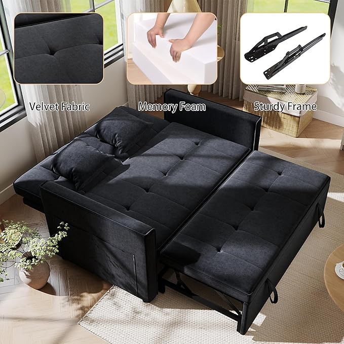 Pull Out Sofa Bed: 56 Black 3 in 1 Convertible Sleeper Sofa Bed Velvet Loveseat Sleeper Couch with Storage Comfy Futon Couch Beds for Living Room | Velvet