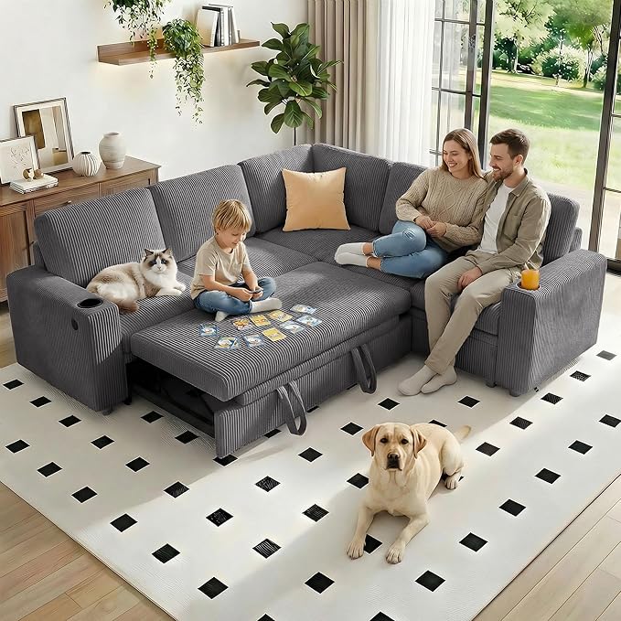 Sectional Sleeper Sofa with Pull Out Bed Plush Corduroy L Shaped Corner Couch with Storage USB Ports Cup Holders Comfy Sectional Couches for Living Room Grey | Modular Couch for Apartment Tool