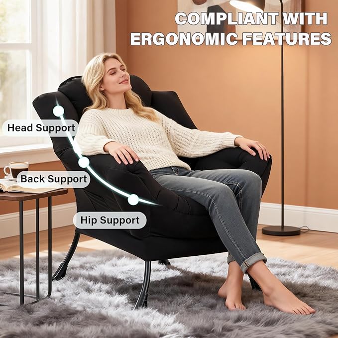 Lazy Chair Modern Soft Reading Chair Accent Contemporary Sofa Chair with Armrests and a Side Pocket for Living Room Bedroom Dorm &amp Office Black
