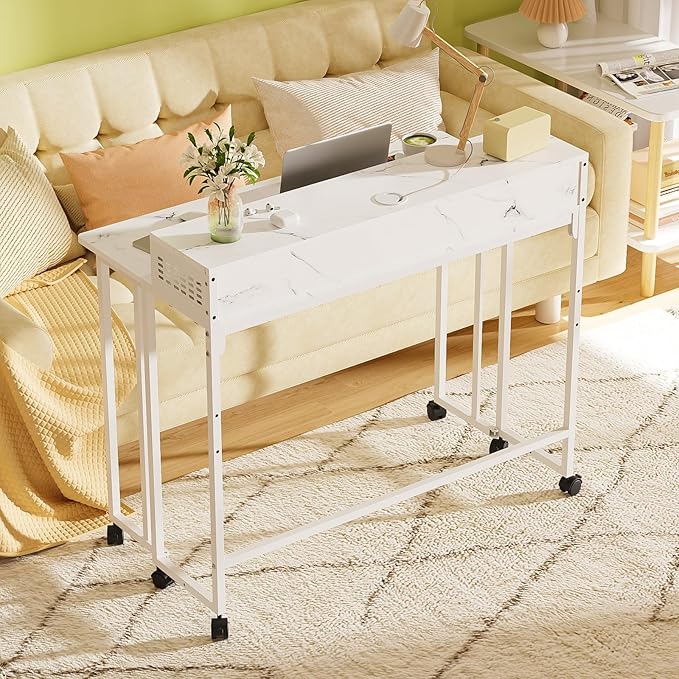 Gezen Folding Desk with Storage Shelf Mobile Couch Desk Sofa Side Table Bed for Home Office Small Space White Marble 31.5