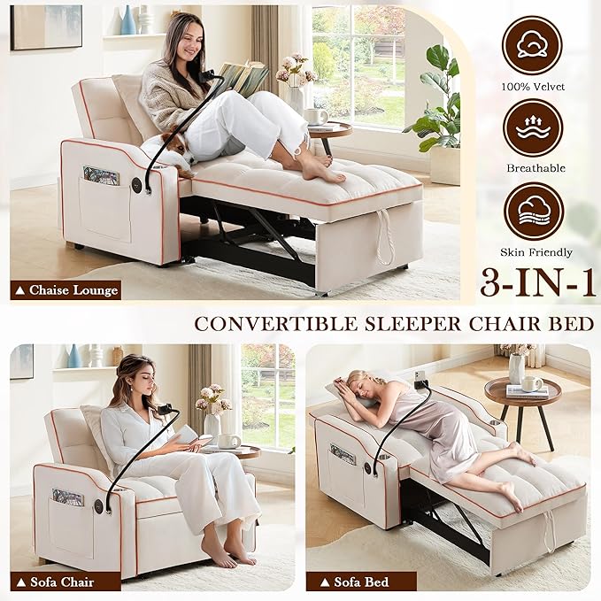SLEERWAY 3-in-1 Convertible Futon Sofa Bed Chair Multi-Functional Sleeper Chair Bed with Pull Out Couch and Adjustable Backrest Modern Velvet Chaise Lounge Armchair for Living Room Bedroom Beige