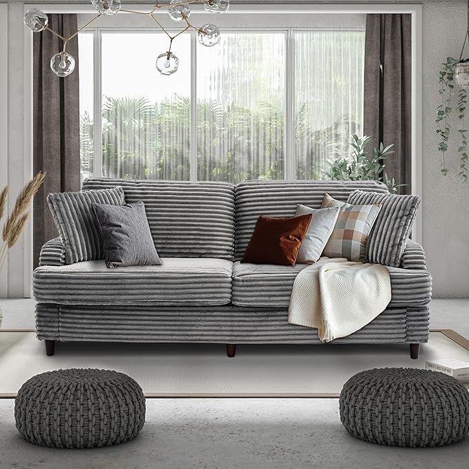 80 Inch 2 Sets Sofa Couch Comfy Love Seat Couches for Living Room Mid Century Modern Oversized Two Seater Couch Plush Corduroy Deep Seat Sofas for Bedroom Small Space Apartment Light Grey
