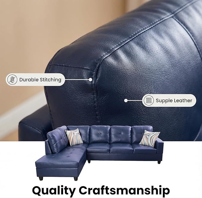 103.5 Inch Modern L-Shaped Couch Faux Leather Sectional Sofa with Chaise Lounge 4-Seater Couch with Accent Pillows for Living Room Apartment Blue