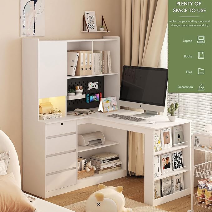 L Shaped Desk with Charger Computer Desk with Drawers Modern Corner Desk with Bookshelf Home Office Desk with Hutch Study Table Writing Desk with LED Light White
