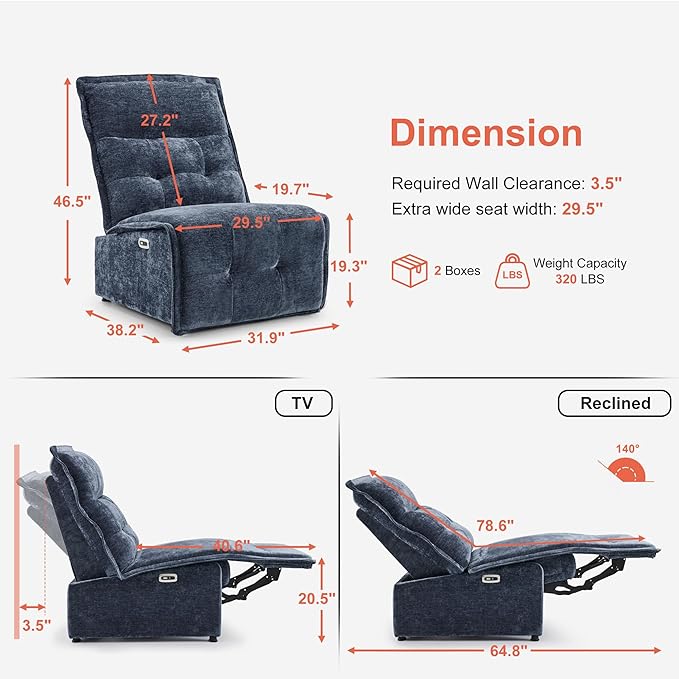 MCombo Wall Hugger Armless Power Recliner Chair with USB Ports 29.5 Extra Wide Seat Oversized Fabric Powered Reclining Sofa for Living Room Small Space ALR01 (Navy Blue)