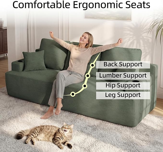 87 Modern 3-Seater loveseat Sofa Comfy Deep Seat Boneless Couch with Plush Corduroy Fabric Built-in Cup Holders &amp Side Storage Pockets for Living Room Bedroom and Apartment
