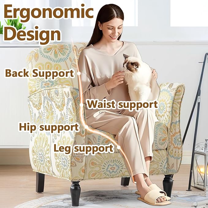 Floral Accent Chairs &amp Arm Chair for Living Room Fabic Side Chairs for Bedroom with High Back &amp Wood Legs