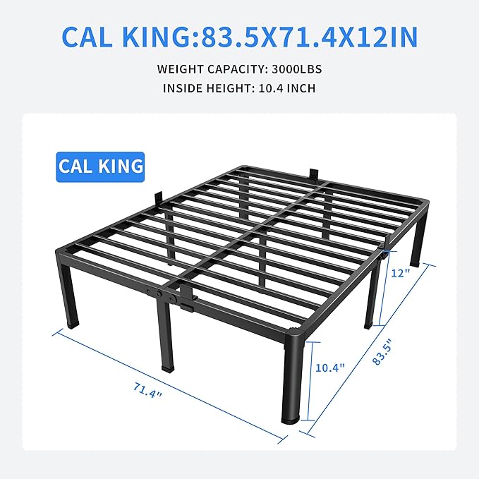 MAF 12 Inch California King Metal Platform Bed Frame with Round Corner Legs Mattress Slide Stopper 3000 LBS Heavy Duty Steel Slats Support No Box Spring Needed Noise Free