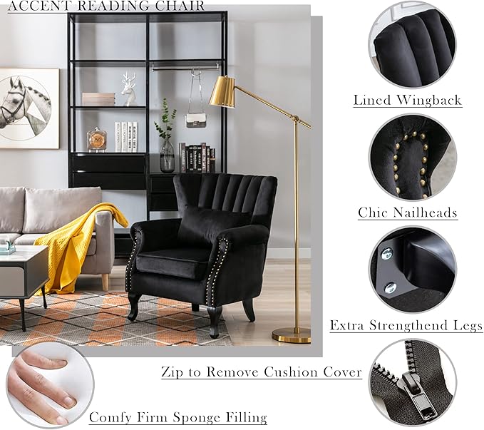 Mid Century Modern Accent Chair Upholstered Armchair Comfy Velvet Fabric Single Sofa with Lined Wingback for Small Spaces Bedroom Living Room Velvet Black 30.1D x 30.5W x 35H in