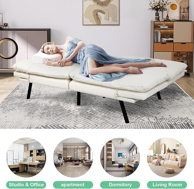 MUUEGM Futon Couch with 71 Adjustable High Density Memory Foam Futon Sofa Bed Modern Design Sofa Bed for Living Room Sleeping and Relaxing(Leather White)