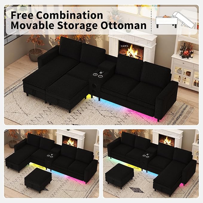Sectional Couches for Living Room 6 Seat Sectional Sofa with Bluetooth Speaker/RGB Light/Charging Station Teddy Fleece U Shaped Couch with Storage Ottoman and Reversible Chaise Lounge - Black