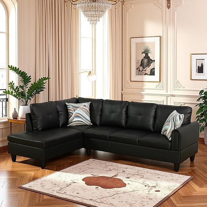 L Shaped Couch Sectional Couches with Chaise 3 Pieces Modular Convertible Sofa for Living Room Furniture Sets and Small Apartment Faux Leather Black