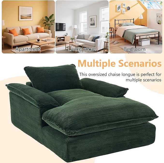 GNIXUU 67 Chaise Lounge Chair Indoor Corduroy Upholstered Oversized Sofa Bed Green Oversized Boneless Couch Chair Large Sleeper Reading Chair for Living Room Game Room Green | easy to move around