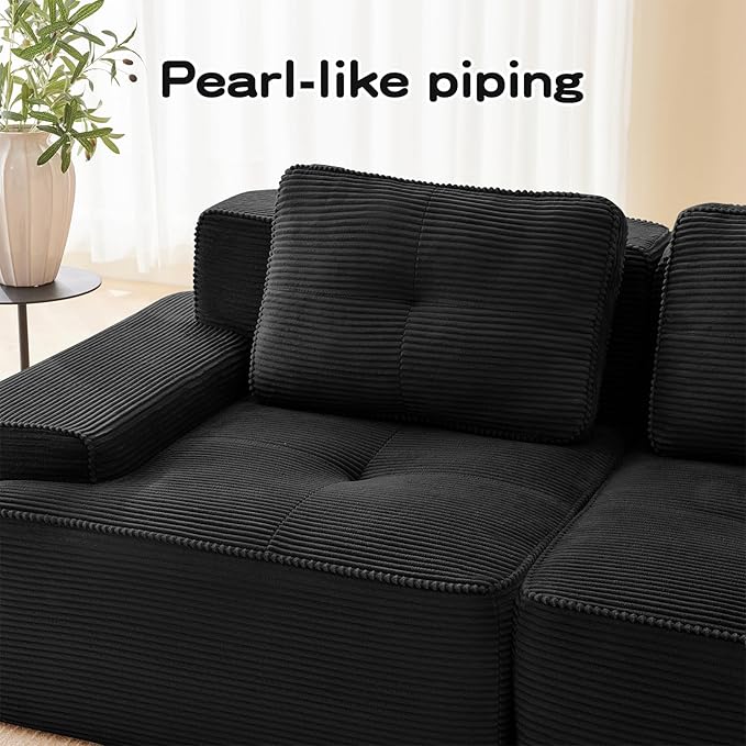150 Modern Black Corduroy Boneless Sofa Set 4 Seater Modular Sectional Couches for Living Room Compressed Memory Foam Cloud Couch Deep Seat No Assembly Sofas para Sala