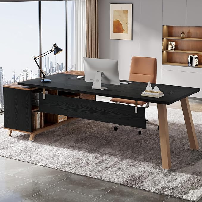 Tribesigns 78.7-Inch Executive Desk L-Shaped Desk with 55-Inch Cabinet Large Office Desk with Storage Shelves Modern Computer Desk for Home Office Black &amp Walnut