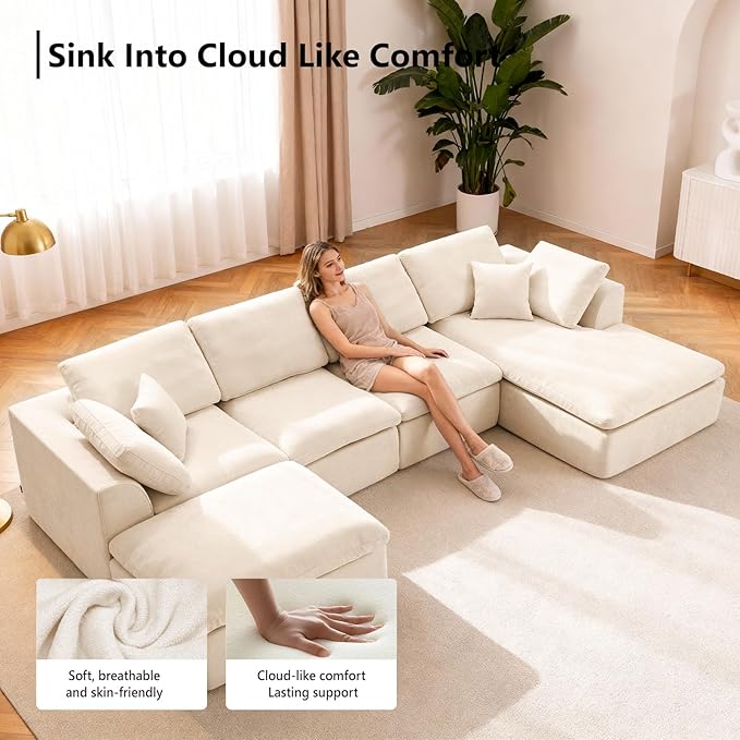 137.8 Large Sectional Couches for Living Room U Shaped Couch with Movable Ottoman 4-Seater Cloud Couch Sectional Sofa with Deep Seat No Assembly Required Warm White