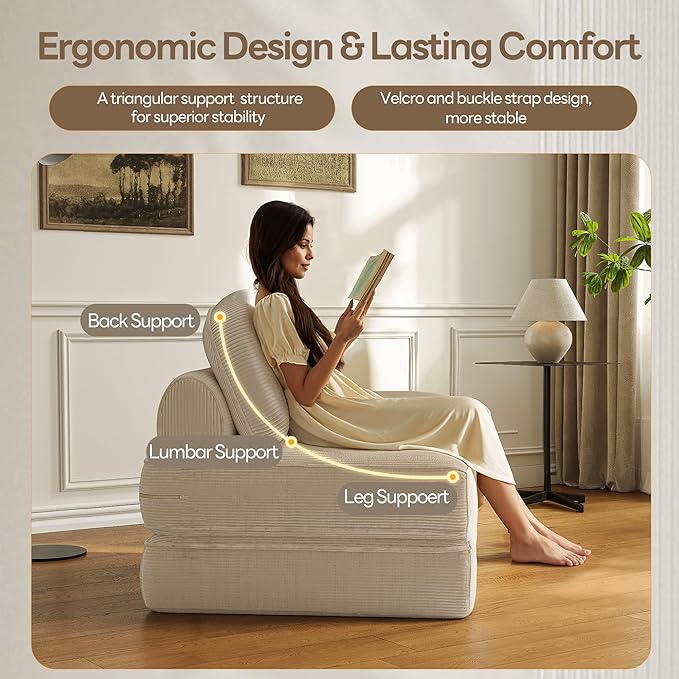 Dowinx Folding Sofa Bed with Pillow Convertible Comfy Couch Bed for Adults Home Lounge and Gaming Modern Comfortable Design for Apartment Living Room Bedroom Single Ribbed Velvet White