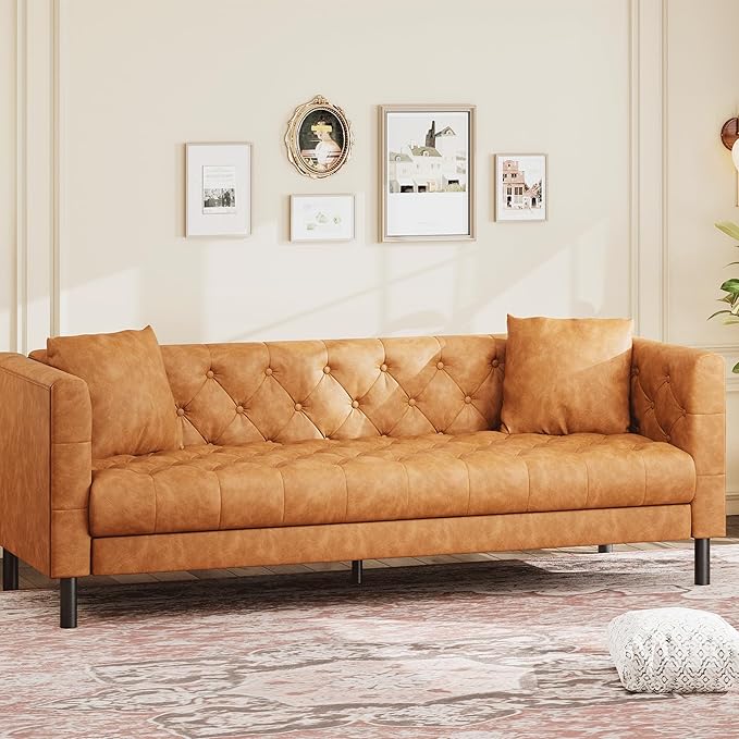 GAOMON 81 Mid-Century Modern Leather Sofa for Living Room Chesterfield Sofa with Deep Seats and 2 Pillows 3 Seater Couch with Button Tufted Leather Couch for Apartment Office Cognac Tan