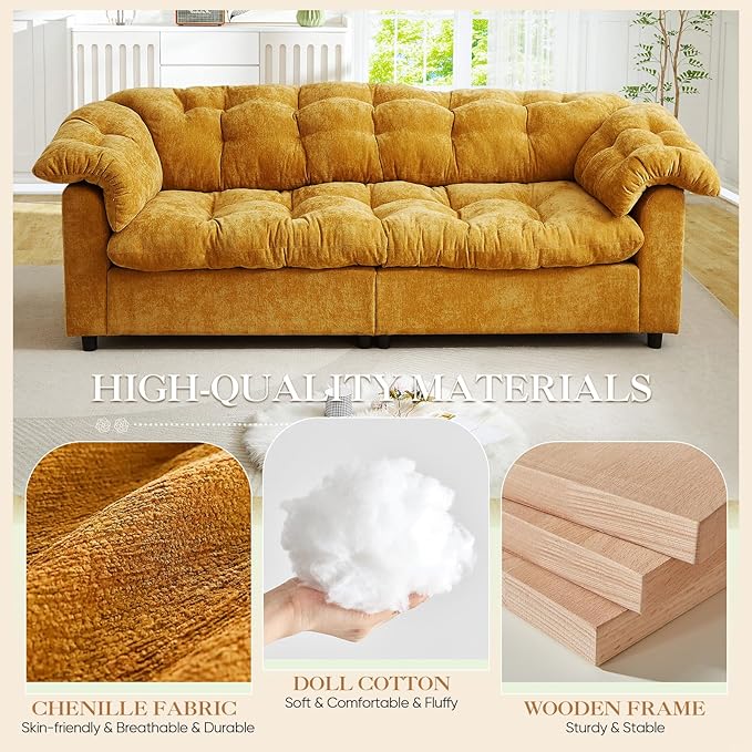 Modern Sofa Couch 94.8W Chenille Tufted Fluffy Comfy Cloud Couch with Tutfted Design &amp Armrest Pillow Upholstered Oversized Loveseat Sofa for Living Room Bedroom Office Apartment Yellow