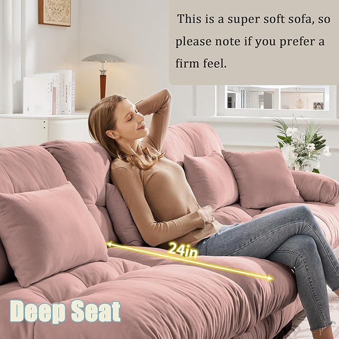 U Shaped Couch Modular Sectional Sofa Modern Deep Seat Cloud Couch 3-Seater Modular Couches for Living Room Comfy Chenille Sofa Bed with Round Armrests 5 Pillows Pink Sofas for Bedroom