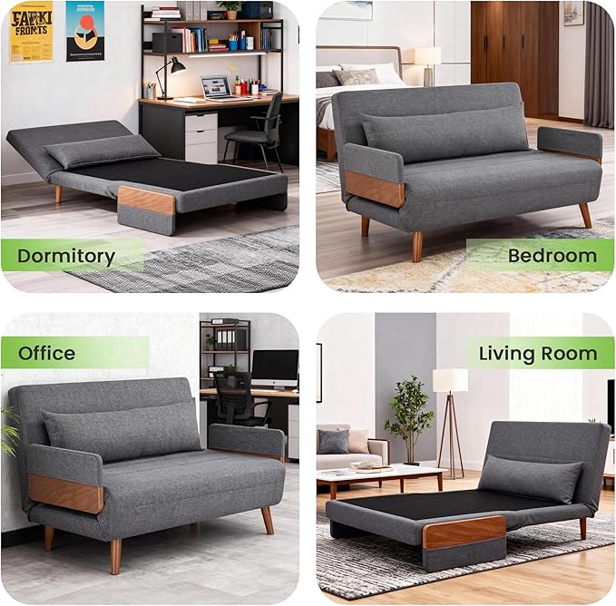 3-in-1 Convertible Sofa Bed Futon Loveseat Couch with Pillow Adjustable Backrest and Removable Armrests Recliner Sleeper Sofa for Small Spaces Living Room Bedroom or Office Dark Grey