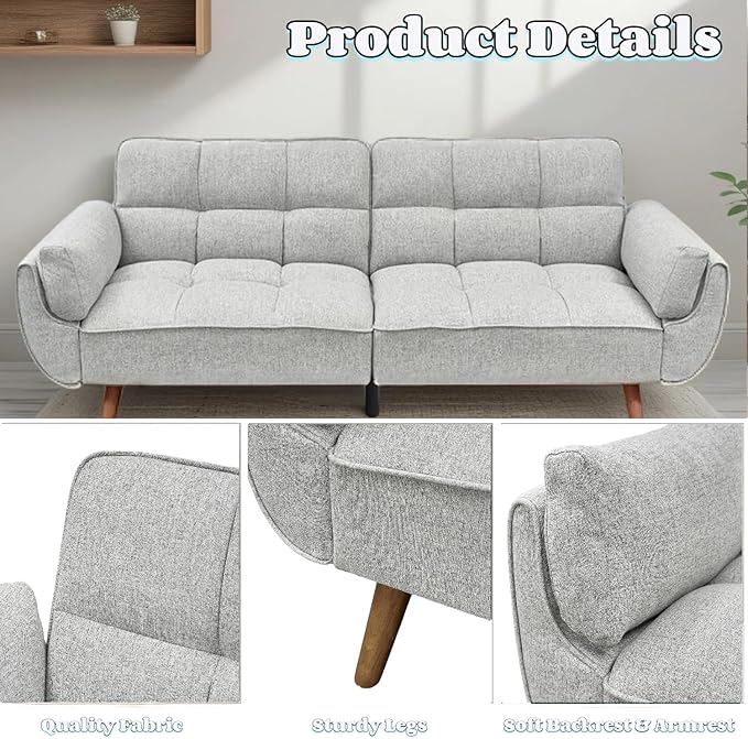 Convertible Futon Sofa Bed Modern Futon Couch with 2 Pillows Small Futons Couch with Adjustable Armrest &amp Backrest Loveseat Sofa Bed for Living Room Bedroom Gray