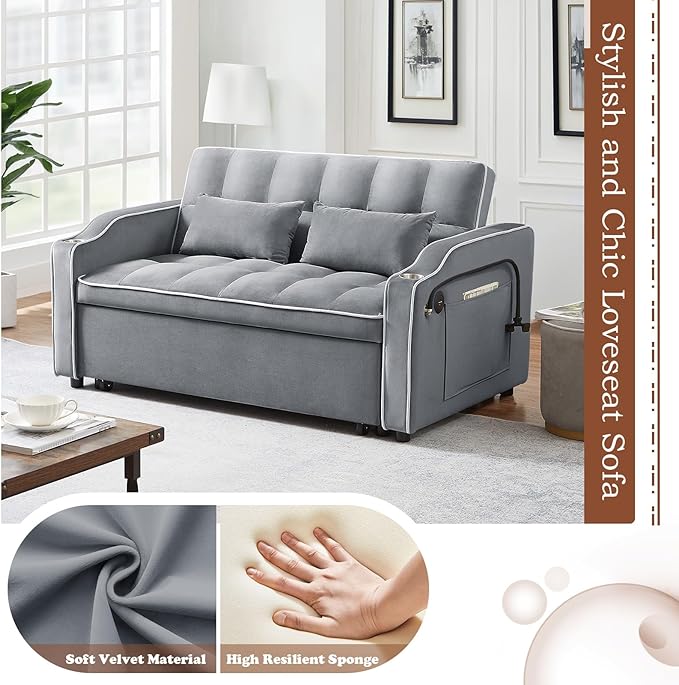 Pull Out Sofa Bed with Phone Holder Convertible Velvet Loveseat Sleeper with 2 USB Charging Ports Modern Futon Couch with Cup Holders and Adjustable Backrest Love Seat for Living Room Light Grey