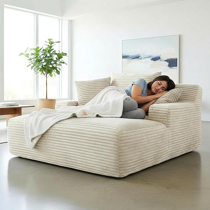Container Furniture Chamden Oversized Chaise Lounge Chair Modern Corduroy Sofa Bed with Full Foam Cushioning Cozy Convertible Sleeper for Living Room or Bedroom Ivory