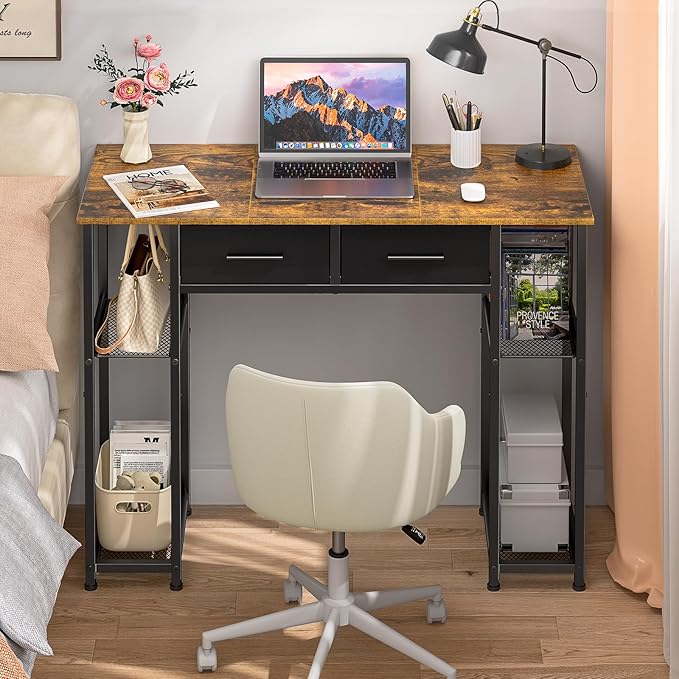 Computer Desk with Drawers 37.3 Inch Home Office Work Desk with Storage Shelf Kids Teens Study Table for Small Space Small Writing PC Table for Bedroom Makeup Vanity Desk Brown