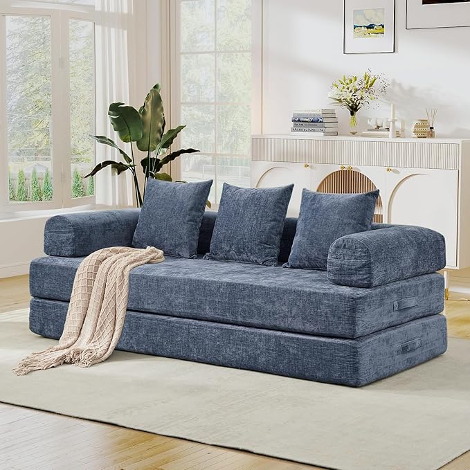 3 in 1 Convertible Futon Sofa Bed Modern King Size Chenille Loveseat Sleeper Sofa Folding 3-Seater Foldable Lounger Couch Bed for Living Room Bedroom Guest Room (Blue 3 Throw Pillows)