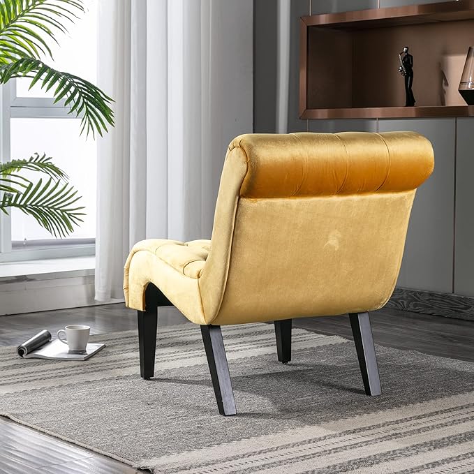Yoluckea Modern Upholstered Accent Chair S-Shape Armless Lounge Chair for Bedroom Living Room Comfy Velvet Chaise Chairs with Button Tufted Back and Solid Wood Legs Mustard Yellow