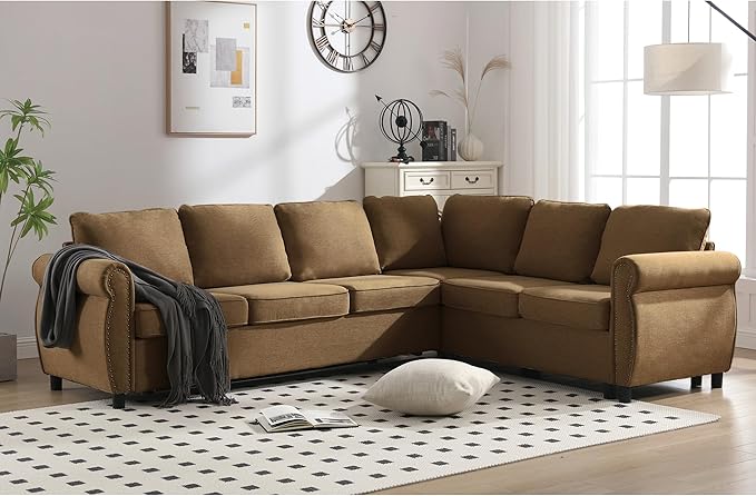 TTK 104 L-Shaped Convertible Sectional Sofa Bed 6-Seater with Pull Out Queen Size Daybed Memory Foam Mattress &amp Arms Easy Assembly Riveted Sofa for Living Room Brown