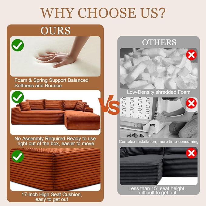 108 Cloud Sectional Couch Modern Boneless Couch with L-Shape Chaise Deep Seat Modular Sectional Sofa Corduroy Corner Couches for Living RoomNo Assembly Required (Orange Right Facing Chaise)